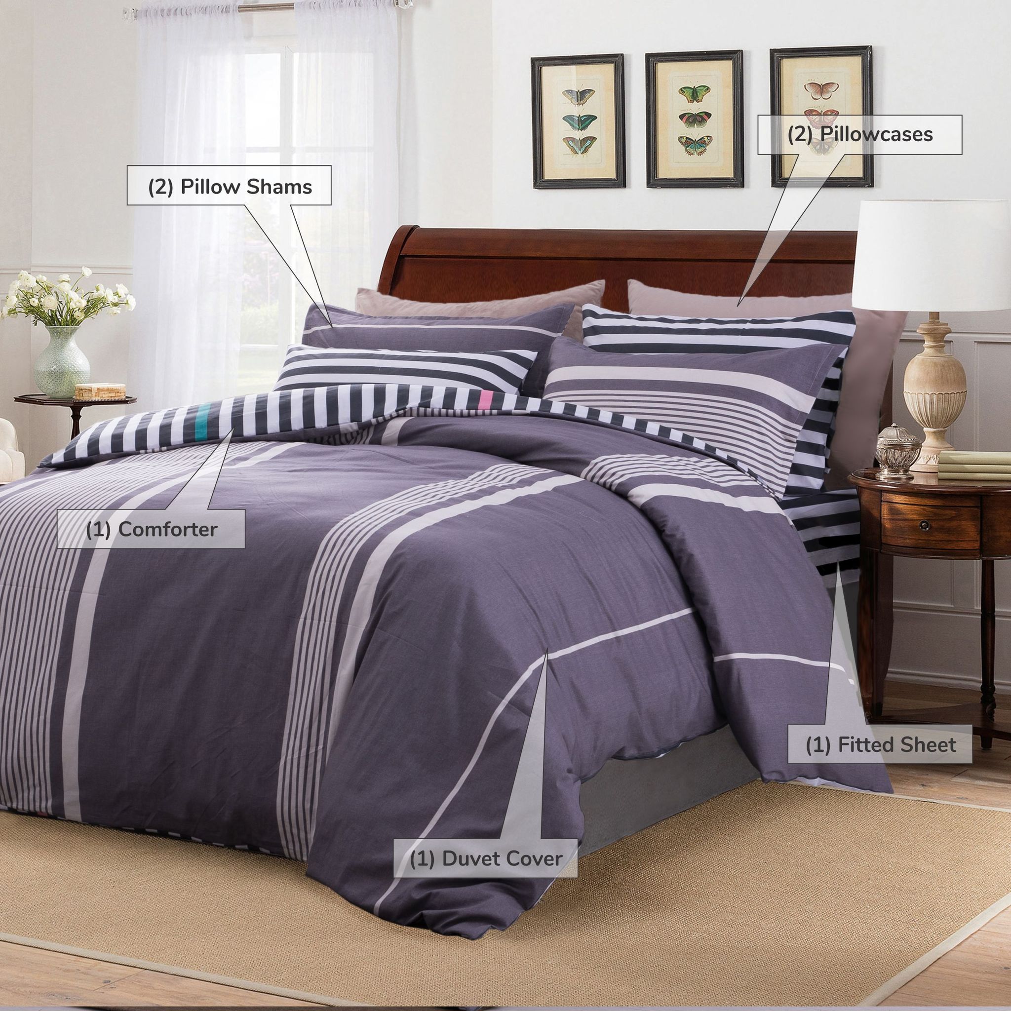 100% Crib Cotton Comforter Set 6-Piece King Purplish Grey