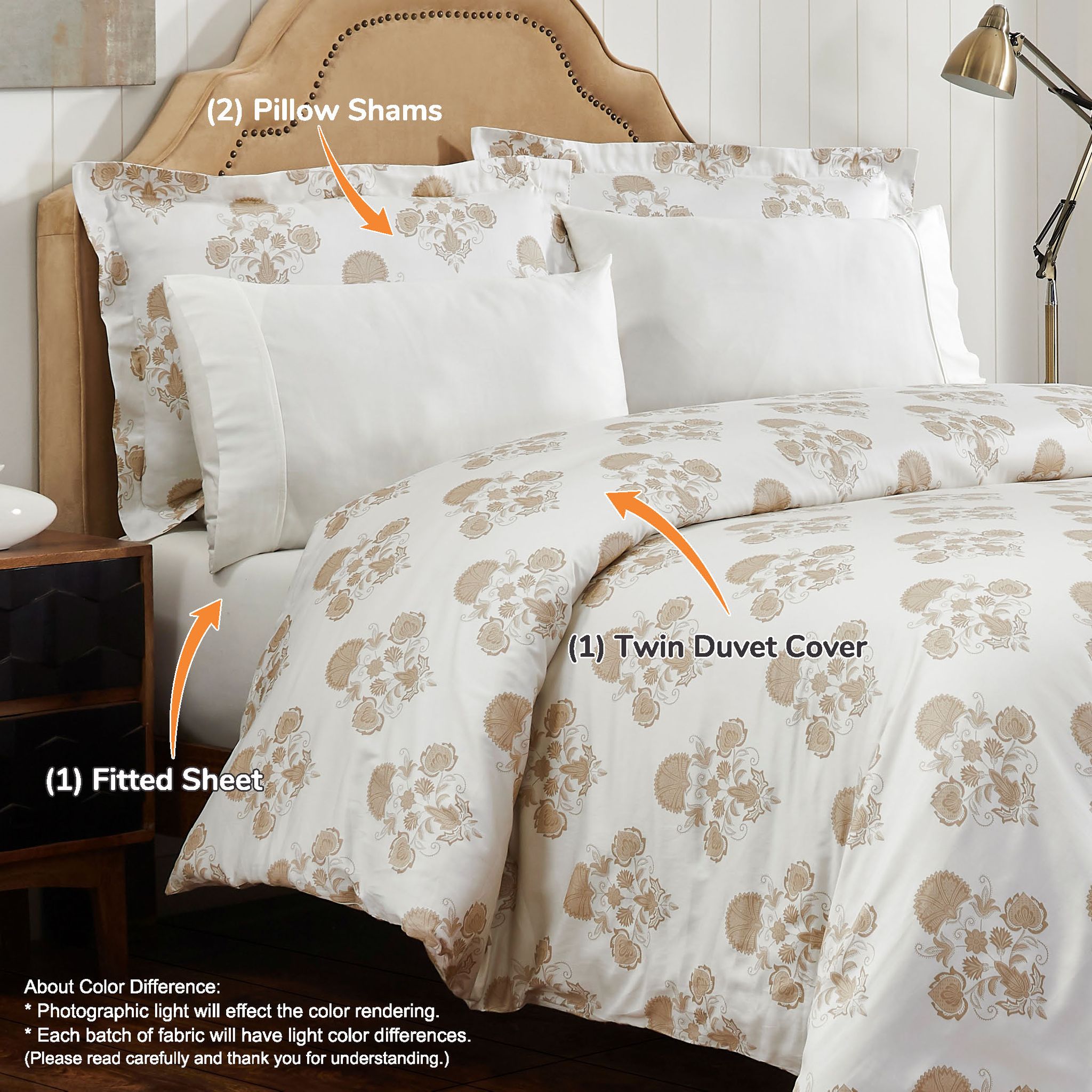 300 Thread Count 100% Natural Cotton Printed Duvet Set 4-Piece Twin Ivory