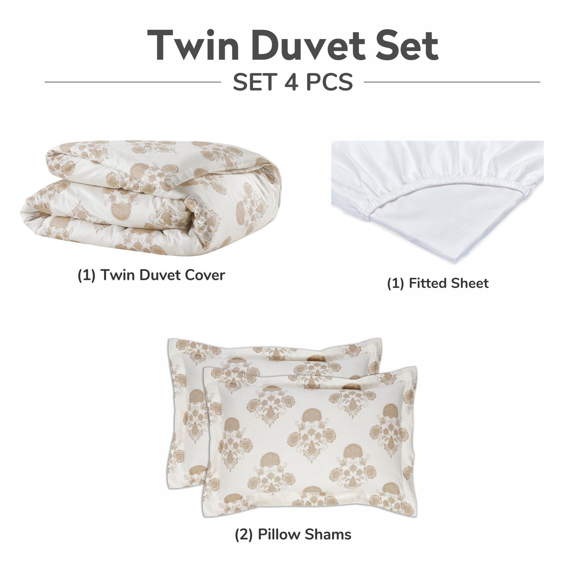 300 Thread Count 100% Natural Cotton Printed Duvet Set 4-Piece Twin Ivory