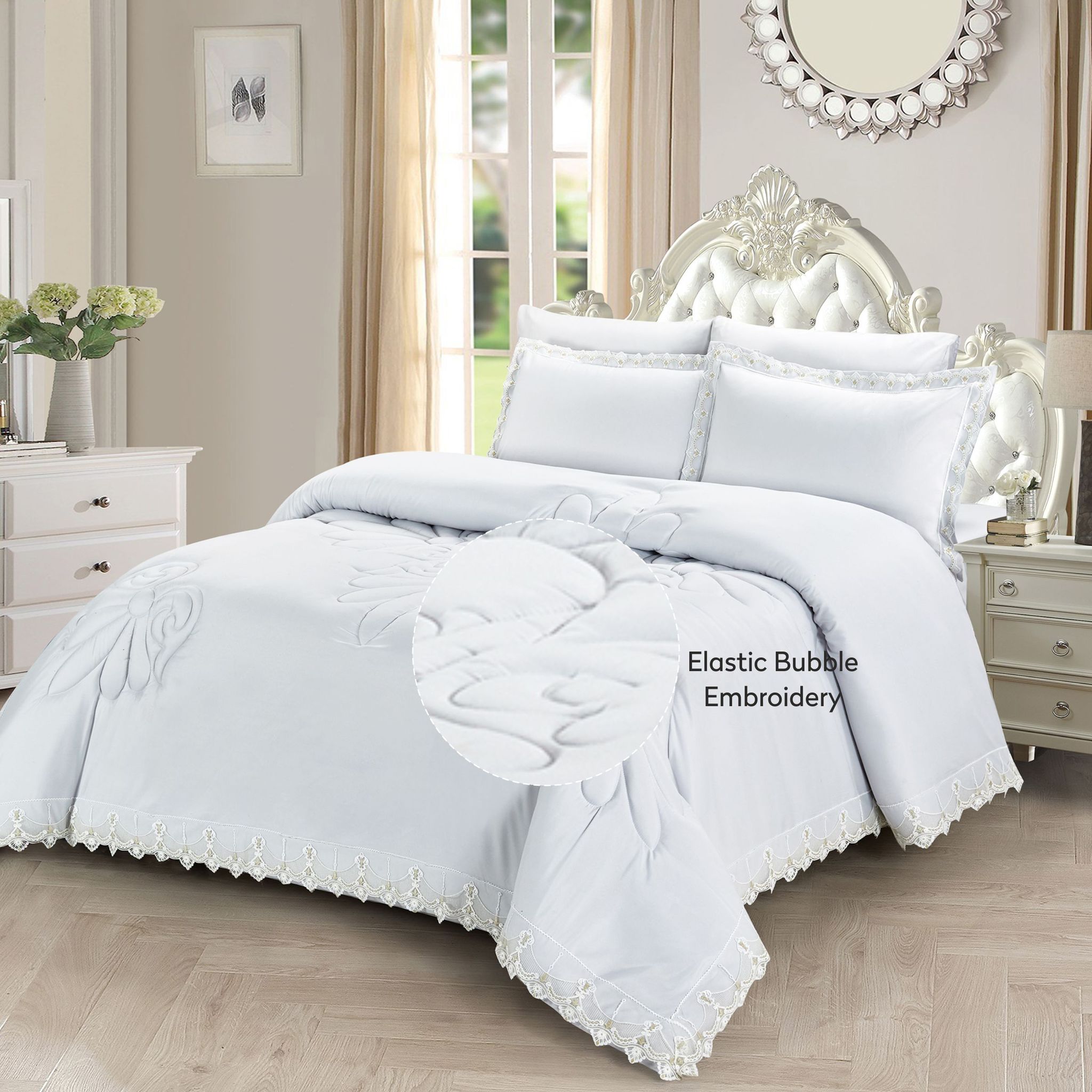Elastic Lace Embroidered Comforter Set 6-Piece King Baby Blue