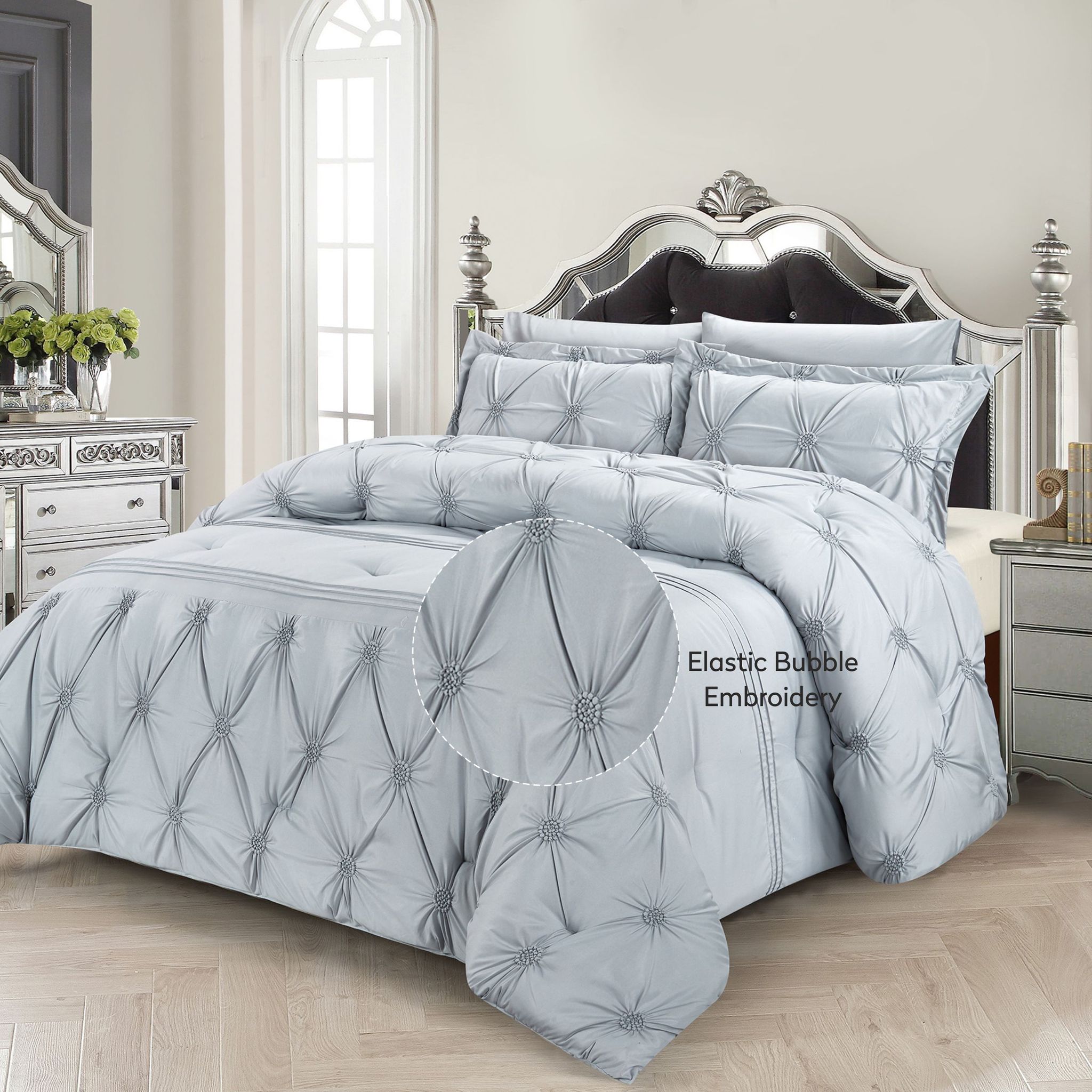 Bubble Embroidered Comforter Set 4-Piece Single Silver Gray