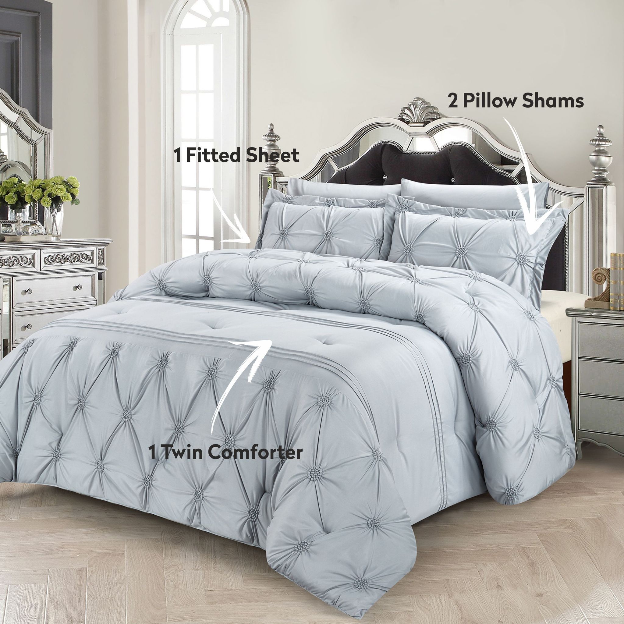 Bubble Embroidered Comforter Set 4-Piece Single Silver Gray