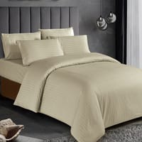 7-Piece King Size Italian Jacquard Luxurious Hotel Style Comforter , Checked Stripes with Removable Filler, Beige Colour