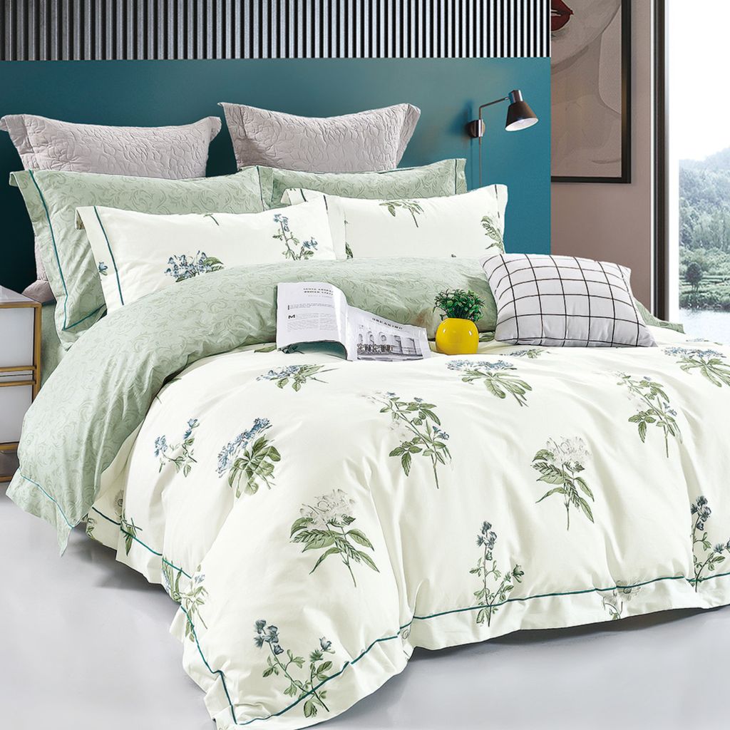 6-Piece King Size Cotton Comforter Set Reversible Pattern, Cream /Green