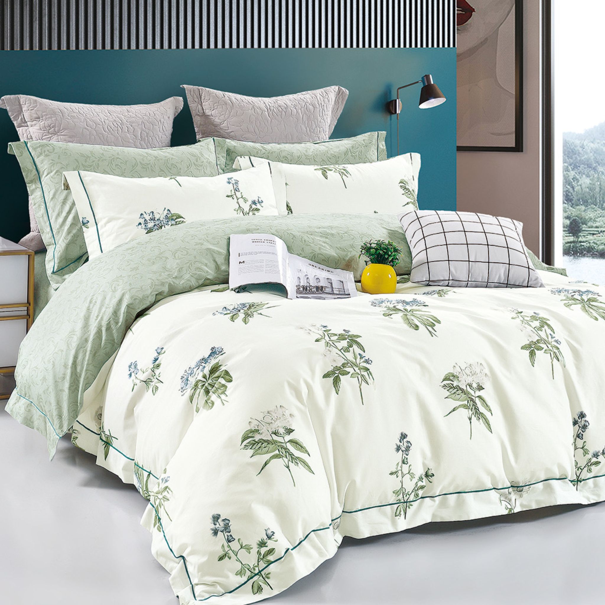 6-Piece King Size Cotton Comforter Set Reversible Pattern, Cream /Green