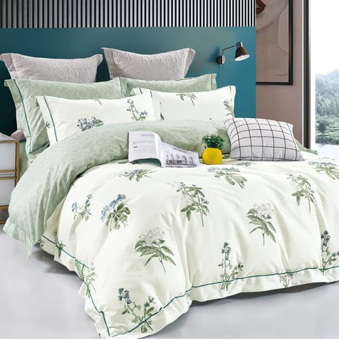 6-Pcs Printed Duvet Set King Size Luxury Bedding Set For All Season With Abstract Design Zipper Closure Duvet Cover And Corner Ties,Green White
