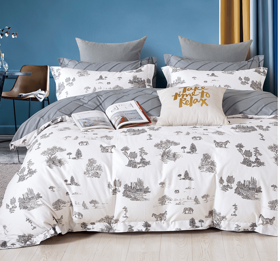 Cotton Comforter Set 6-Pcs Double Size All Season Reversible Printed Bedding Set With Super Soft Down Alternative Filling,White