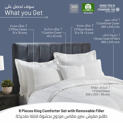 Printed Comforter Set 7-Pcs King Size 260 X 240 Cms All Season Double Bed Bedding Set With Removable Filler And Down Alternative Filling,White Silver