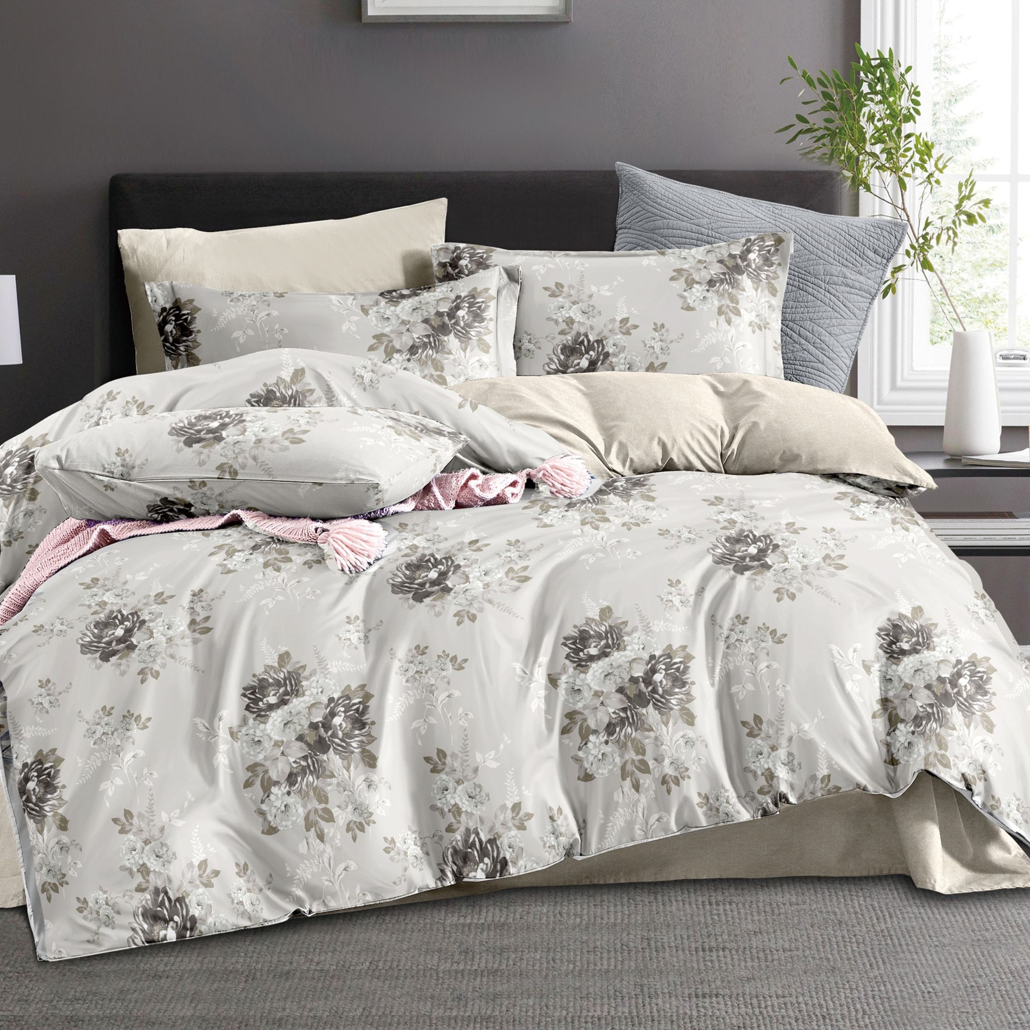 Comforter Set 6-Pcs Double Size All Season Reversible Microfiber Printed Comforter Bedding Set With Super Soft Down Alternative Filling, Dawn Pink