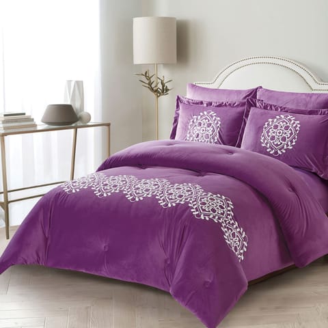Micro Plush 6-Pcs King Size Designer Bedding Comforter Set for Double Bed With Embroidery and Down Alternative Filling, Purple