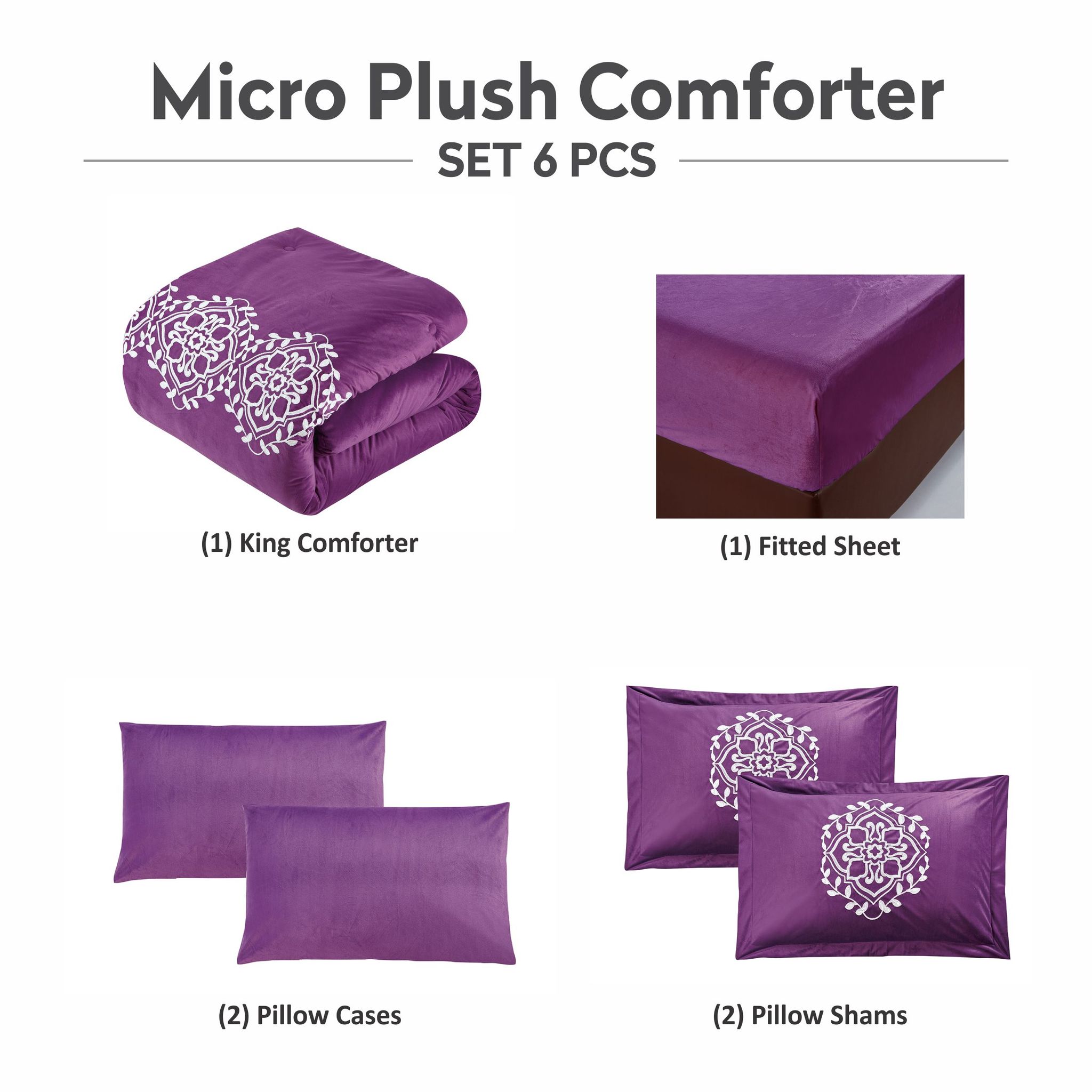 Micro Plush 6-Pcs King Size Designer Bedding Comforter Set for Double Bed With Embroidery and Down Alternative Filling, Purple