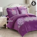 Micro Plush 6-Pcs King Size Designer Bedding Comforter Set for Double Bed With Embroidery and Down Alternative Filling, Purple