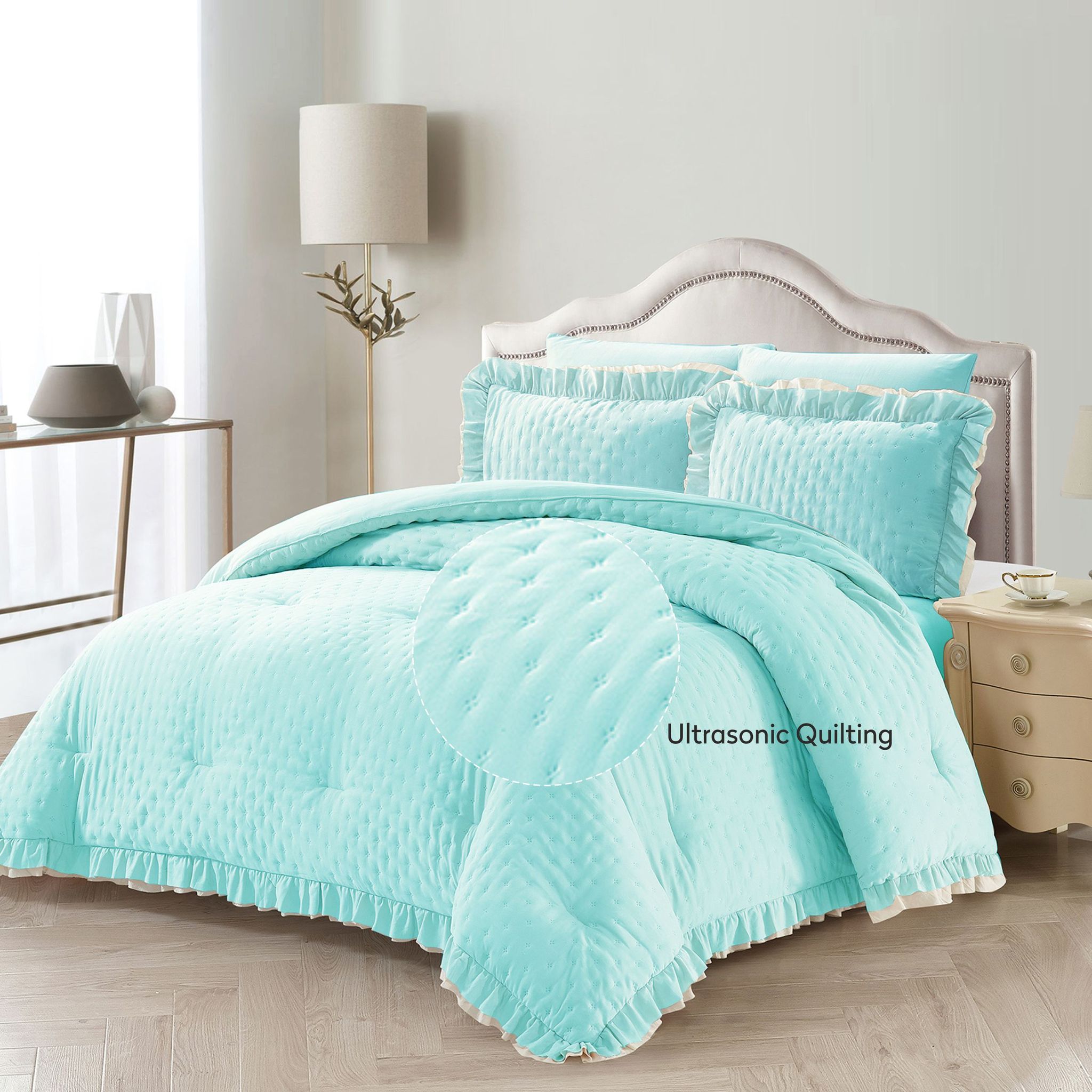 Ruffled Lace Ultrasonic Embroidered Comforter Set 6-Piece King Baby Blue