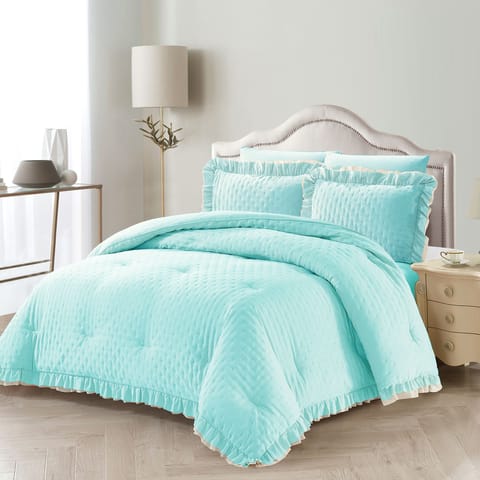 Ruffled Lace Ultrasonic Embroidered Comforter Set 6-Piece King Baby Blue