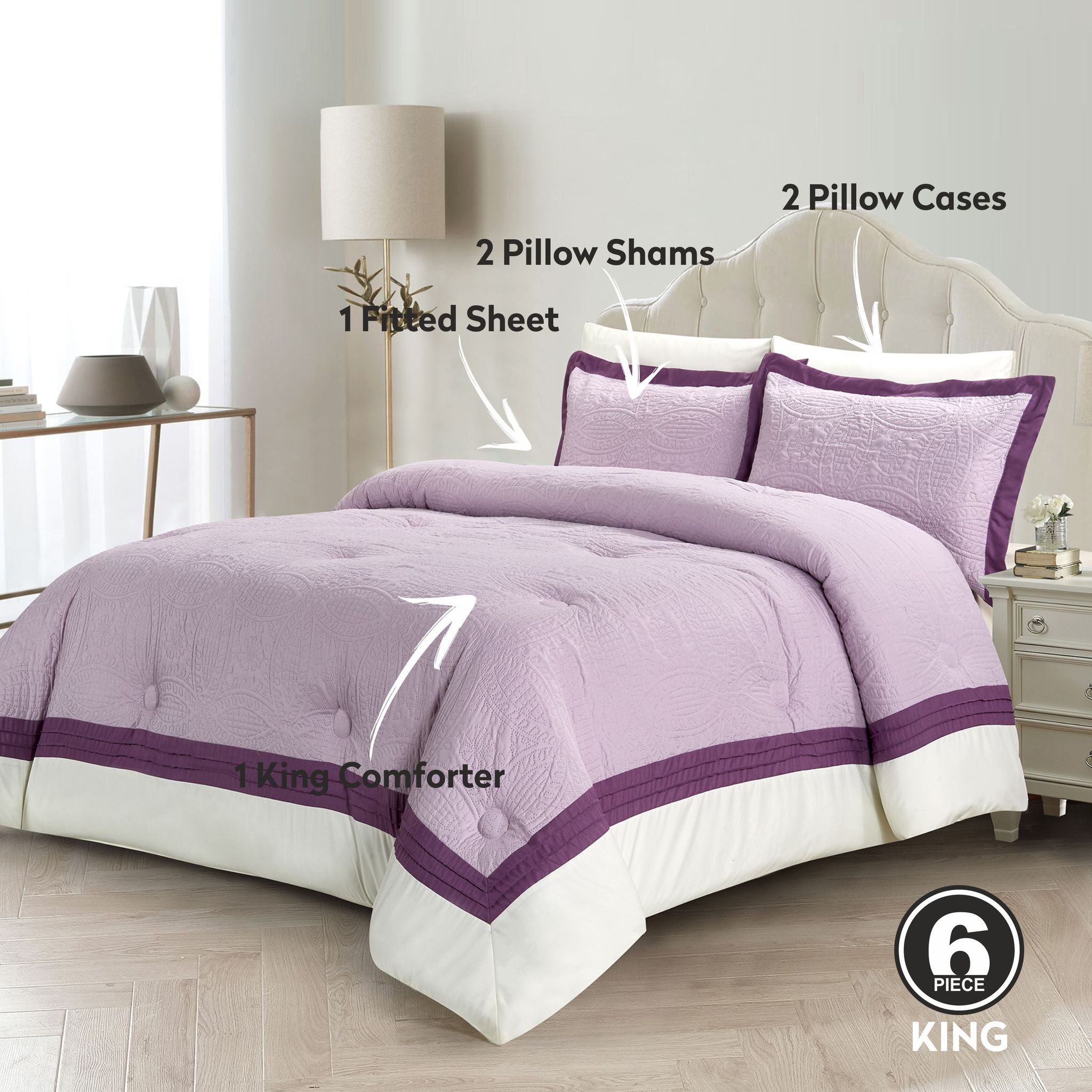 6-Piece Designer Comforter Set -Microfiber -King 260 x 240 Cms - Purple