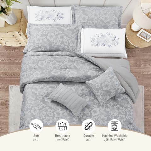 Hotel Comforter 6 Pcs Set, King Size 260 x 240 Cms , Plain Squares Box Quilting , White, Microfiber