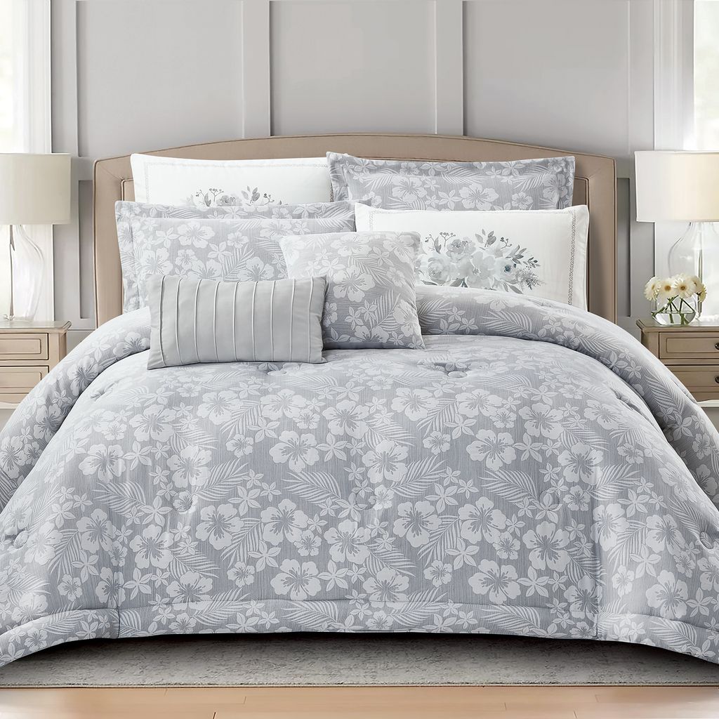 Premium 8-Pcs Hotel Style Comforter Set ,Double Size Stylish Bedding Set Quilted With Brushed Microfiber And Soft Silk Feather Filling, Silver Grey