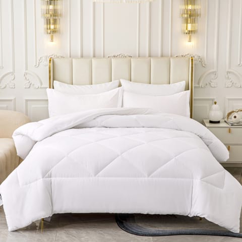 Lightweight Comforter Set 4-Pcs Single Size Solid Bedding Comforter Sets With Plain Diamond Quilting And Down Alternative Filling, White