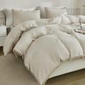 Duvet Set 4-Pcs Double Size Pom Pom Super Soft Solid Comforter Cover Without Filler, Withe hidden Zipper Closure and Corner Ties,Beige