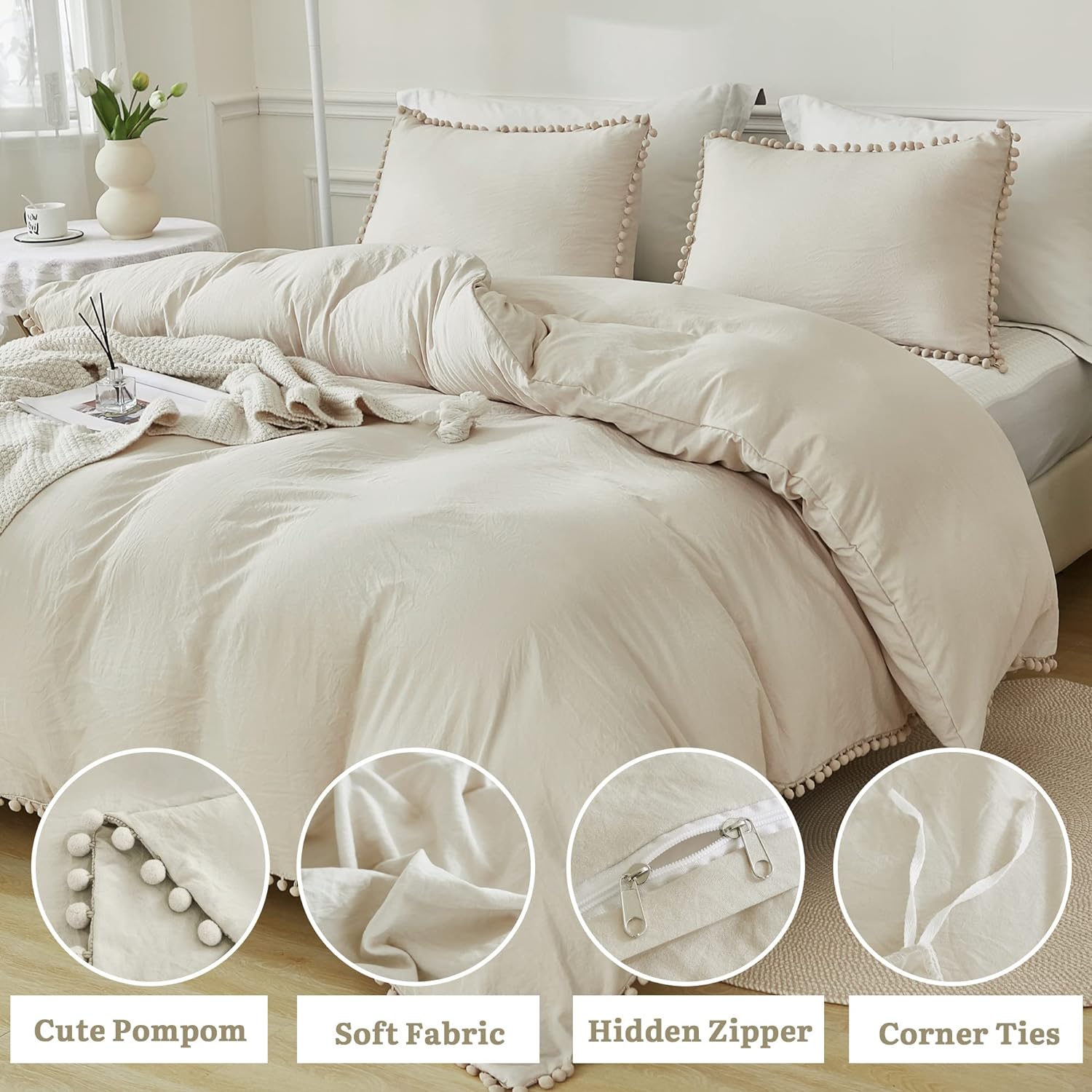 Duvet Set 4-Pcs Double Size Pom Pom Super Soft Solid Comforter Cover Without Filler, Withe hidden Zipper Closure and Corner Ties,Beige