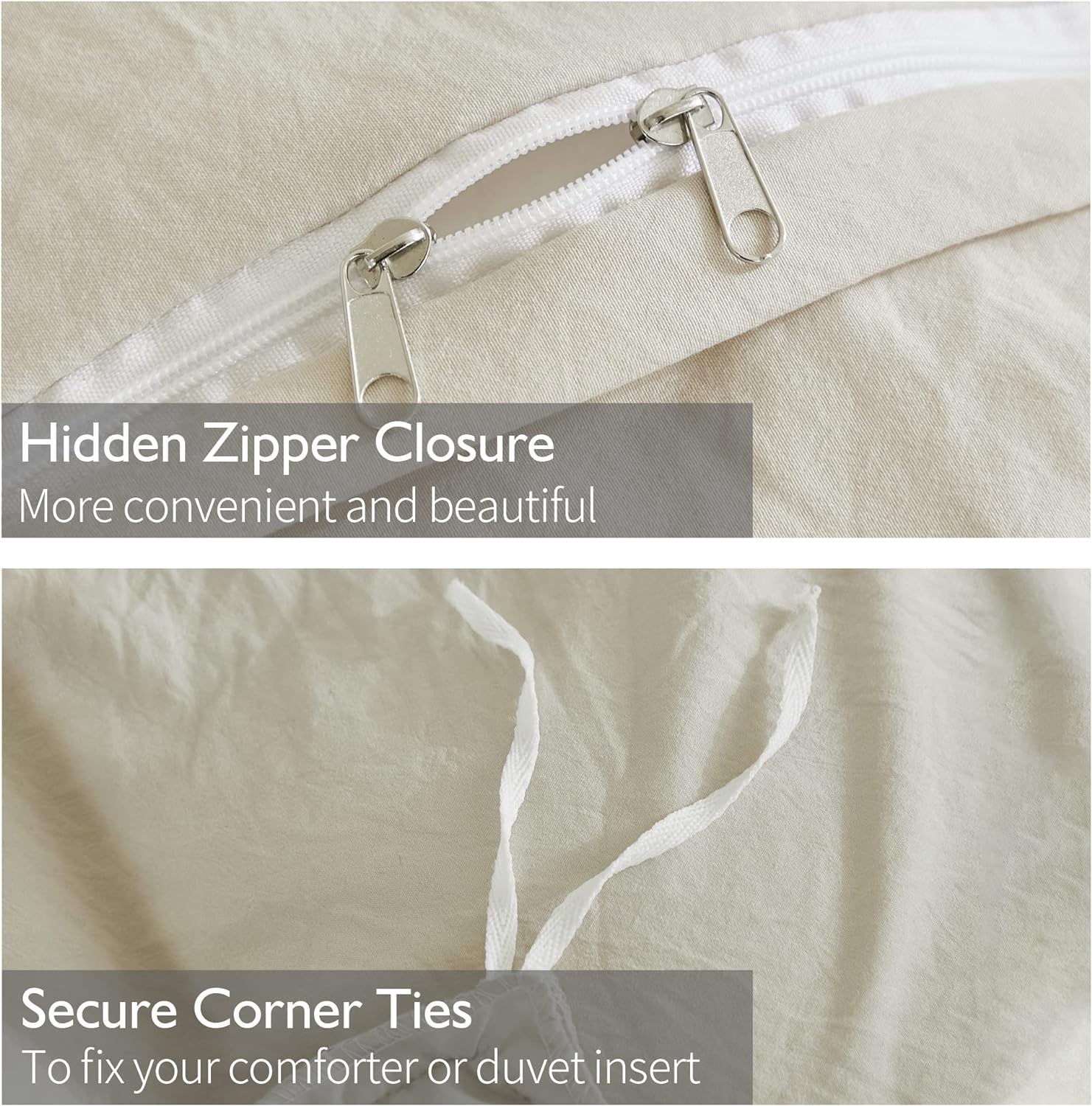 Duvet Set 4-Pcs Double Size Pom Pom Super Soft Solid Comforter Cover Without Filler, Withe hidden Zipper Closure and Corner Ties,Beige