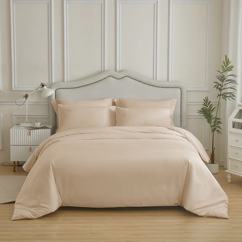 Duvet Set 4-Pcs Double Size Ruffled Super Soft Solid Comforter Cover Without Filler, Withe hidden Zipper Closure and Corner Ties,Beige