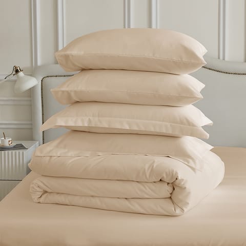 Duvet Set 4-Pcs Double Size Ruffled Super Soft Solid Comforter Cover Without Filler, Withe hidden Zipper Closure and Corner Ties,Beige