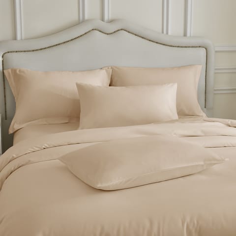 Duvet Set 4-Pcs Double Size Ruffled Super Soft Solid Comforter Cover Without Filler, Withe hidden Zipper Closure and Corner Ties,Beige