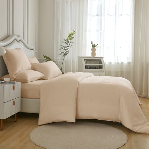 Duvet Set 4-Pcs Double Size Ruffled Super Soft Solid Comforter Cover Without Filler, Withe hidden Zipper Closure and Corner Ties,Beige