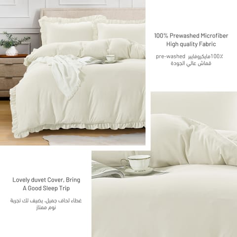 Duvet Set 4-Pcs Double Size Ruffled Super Soft Solid Comforter Cover Without Filler, Withe hidden Zipper Closure and Corner Ties,Beige