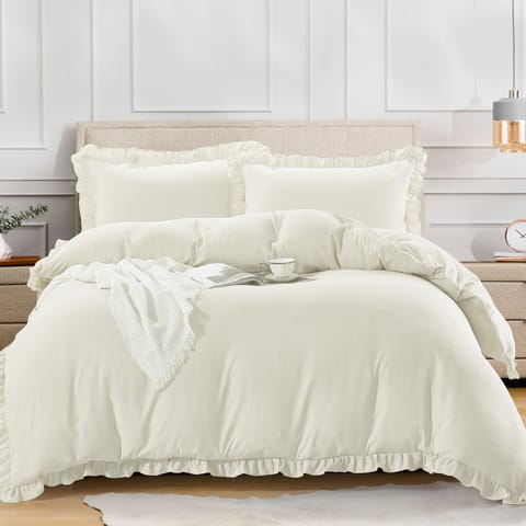 Duvet Set 4-Pcs Double Size Ruffled Super Soft Solid Comforter Cover Without Filler, Withe hidden Zipper Closure and Corner Ties,Beige