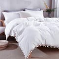 Duvet Set 3-Pcs Single Size Pom Pom Super Soft Solid Comforter Cover Without Filler, Withe hidden Zipper Closure and Corner Ties, White