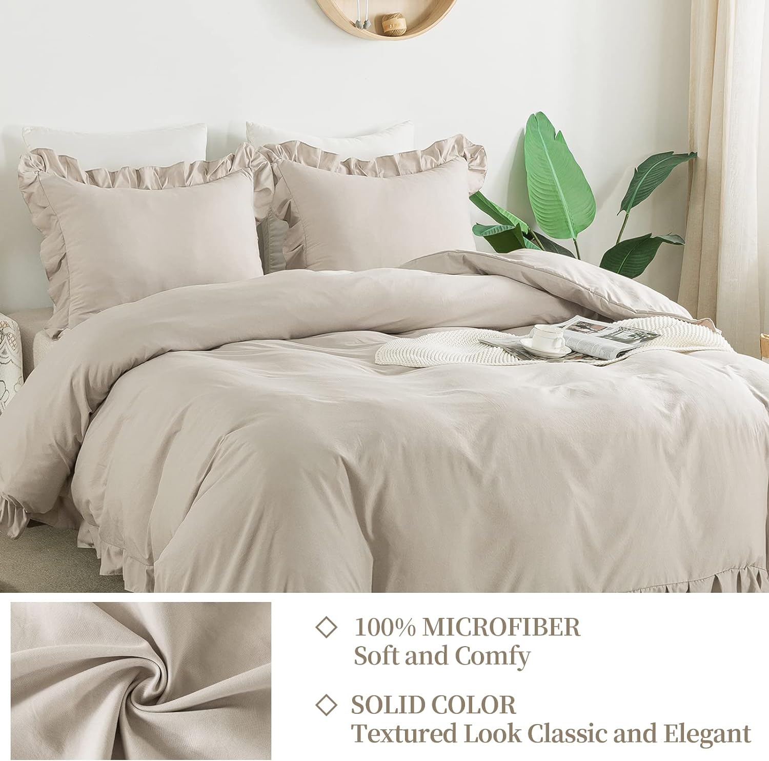 Duvet Set 4-Pcs Double Size Ruffled Super Soft Solid Comforter Cover Without Filler, Withe hidden Zipper Closure and Corner Ties,Beige