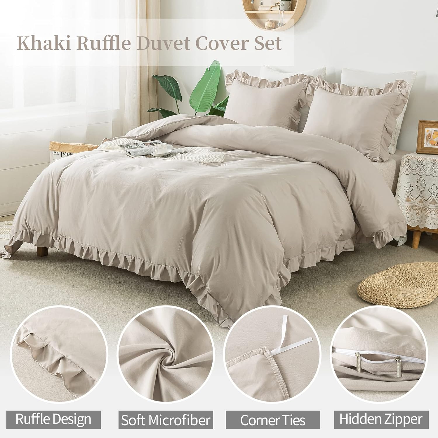 Duvet Set 4-Pcs Double Size Ruffled Super Soft Solid Comforter Cover Without Filler, Withe hidden Zipper Closure and Corner Ties,Beige