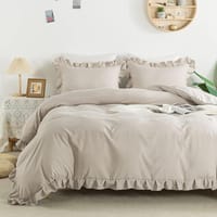 Duvet Set 4-Pcs Double Size Ruffled Super Soft Solid Comforter Cover Without Filler, Withe hidden Zipper Closure and Corner Ties,Beige