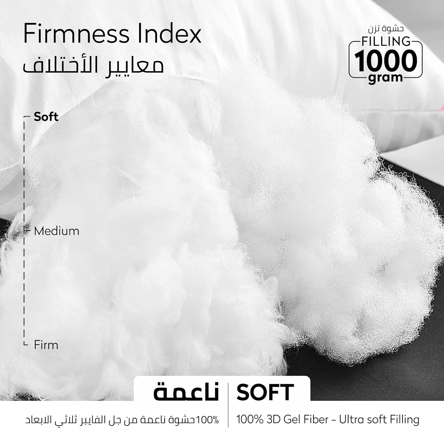 Pillow 2-Piece(1000Gm) King Size Bed Pillow 50X75 Cm Hotel Style Double Edge Stitched Premium Gel Fiber, Soft Loft,White