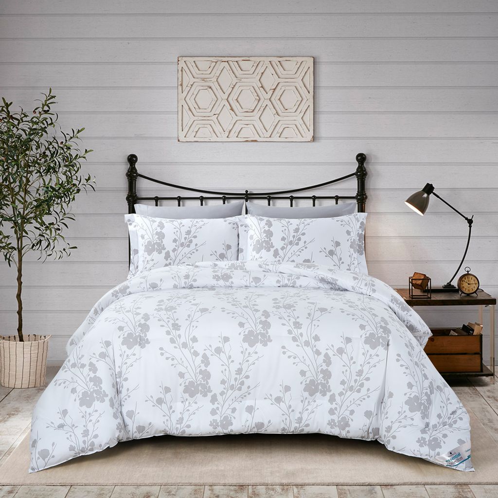 Printed Comforter Set 6-Pcs King Size Lightweight All Season Double Bed Bedding Set With Down Alternative Filling,White Silver