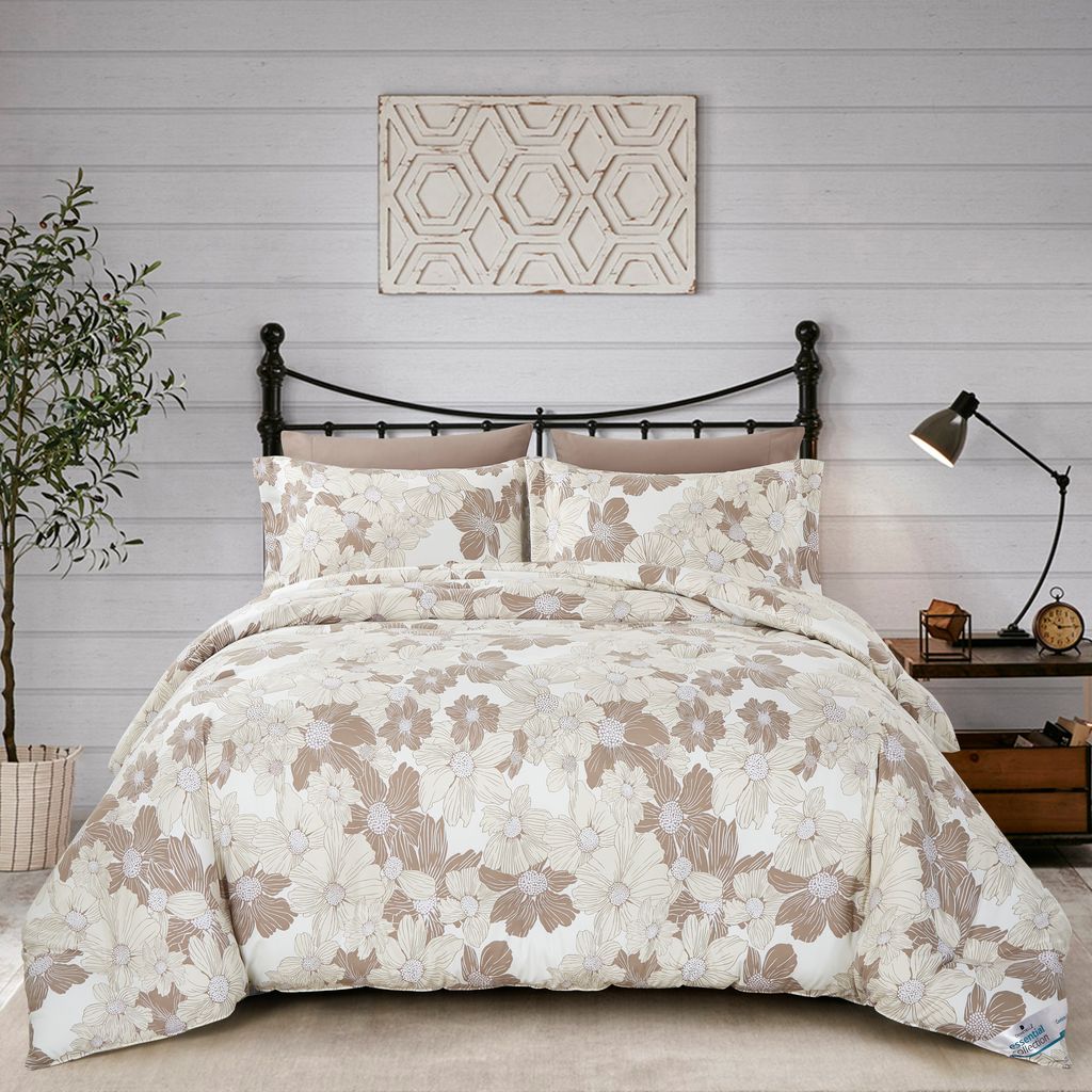 Printed Comforter Set 4-Pcs Twin Size Lightweight All Season Double Bed Bedding Set With Down Alternative Filling,Tan