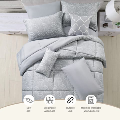 Hotel Comforter 6 Pcs Set, King Size 260 x 240 Cms , Plain Squares Box Quilting , White, Microfiber