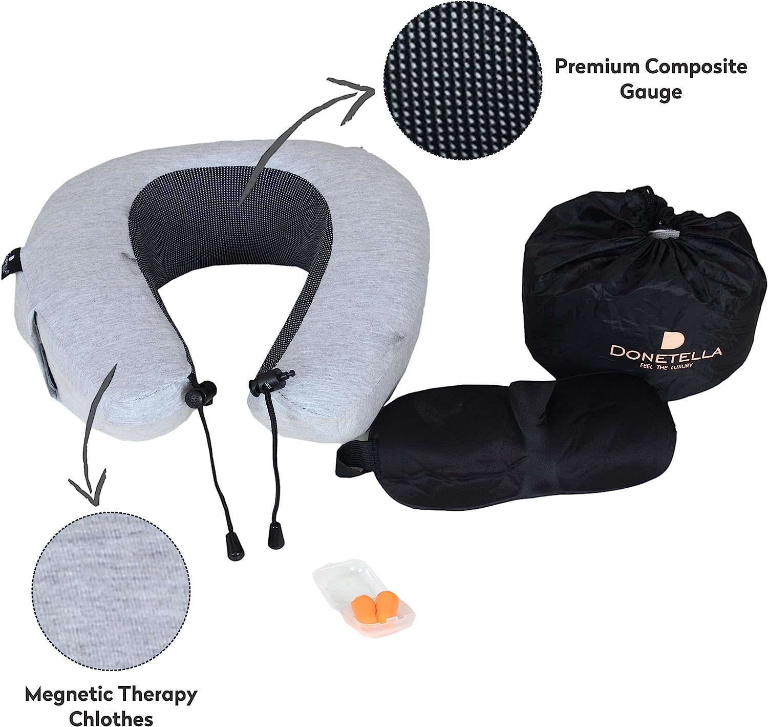 Luxury Travel Pillow with Ear Plugs, Eye Mask and Mesh Bag Memory Foam Gray28x25x13cm