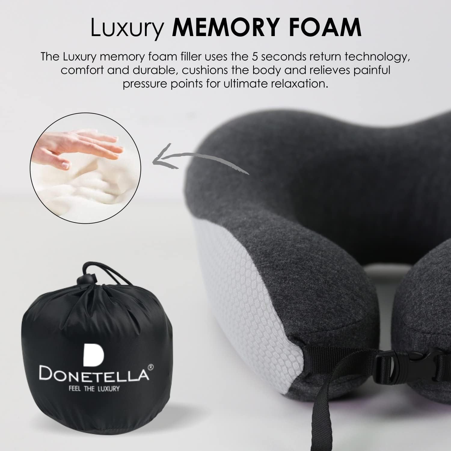 Travel Pillow With Ear Plugs And Eye Mask Memory Foam Gray/Black 28x25x13cm