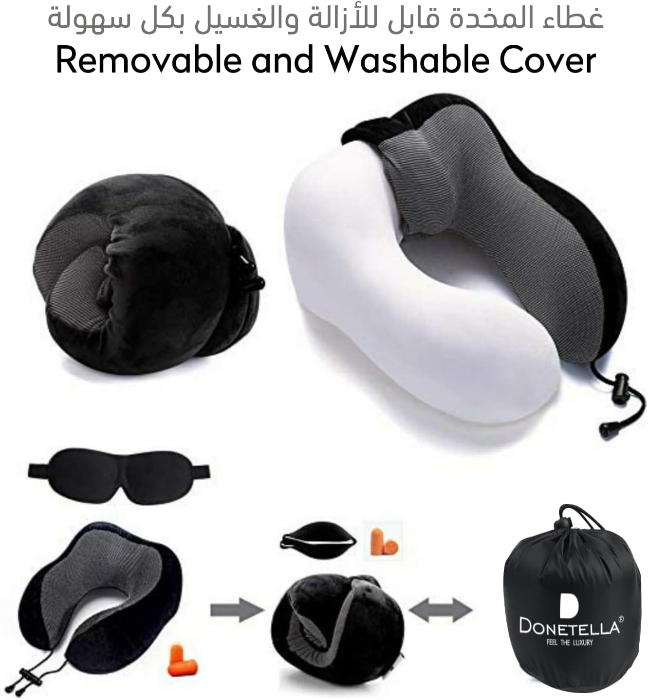 Travel Pillow With Ear Plugs And Eye Mask Memory Foam Gray/Black 28x25x13cm