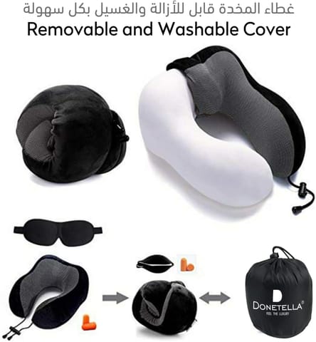 Luxury Travel Pillow with Ear Plugs, Eye Mask and Mesh Bag Memory Foam Black 28x25x13cm