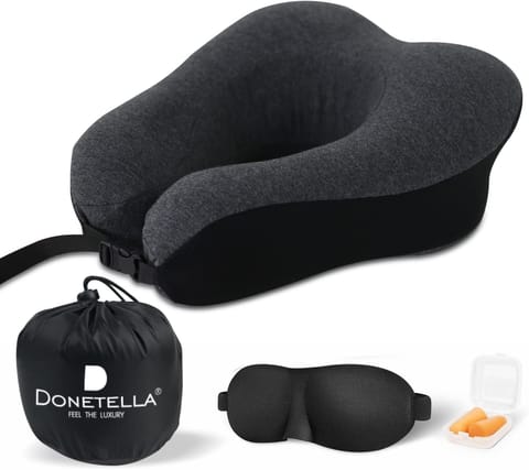 Luxury Travel Pillow with Ear Plugs, Eye Mask and Mesh Bag Memory Foam Black 28x25x13cm