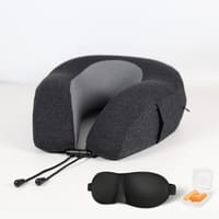 Luxury Travel Pillow with Ear Plugs, Eye Mask and Mesh Bag Memory Foam Black 28x25x13cm