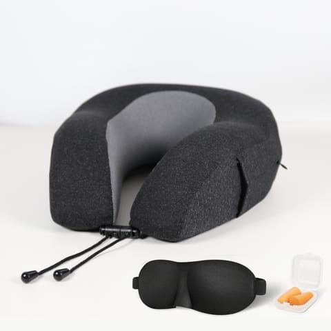 Luxury Travel Pillow with Ear Plugs, Eye Mask and Mesh Bag Memory Foam Black 28x25x13cm