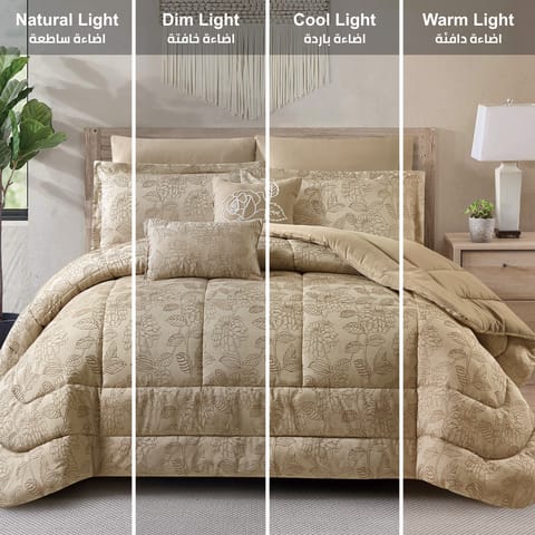 Bedding Comforter Set 8-Pcs King Size Solid Yarn Dyed Bed Set , Beige