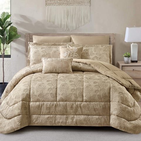 Bedding Comforter Set 8-Pcs King Size Solid Yarn Dyed Bed Set , Beige