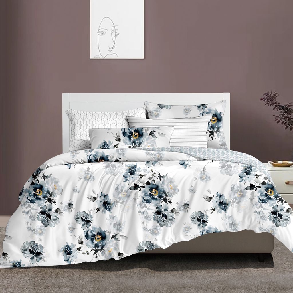 Printed Comforter Set 6-Pcs King Size All Season Decorated Reversible Double Bed Comforter Set With Super-Soft Down Alterntaive Filing,Silver