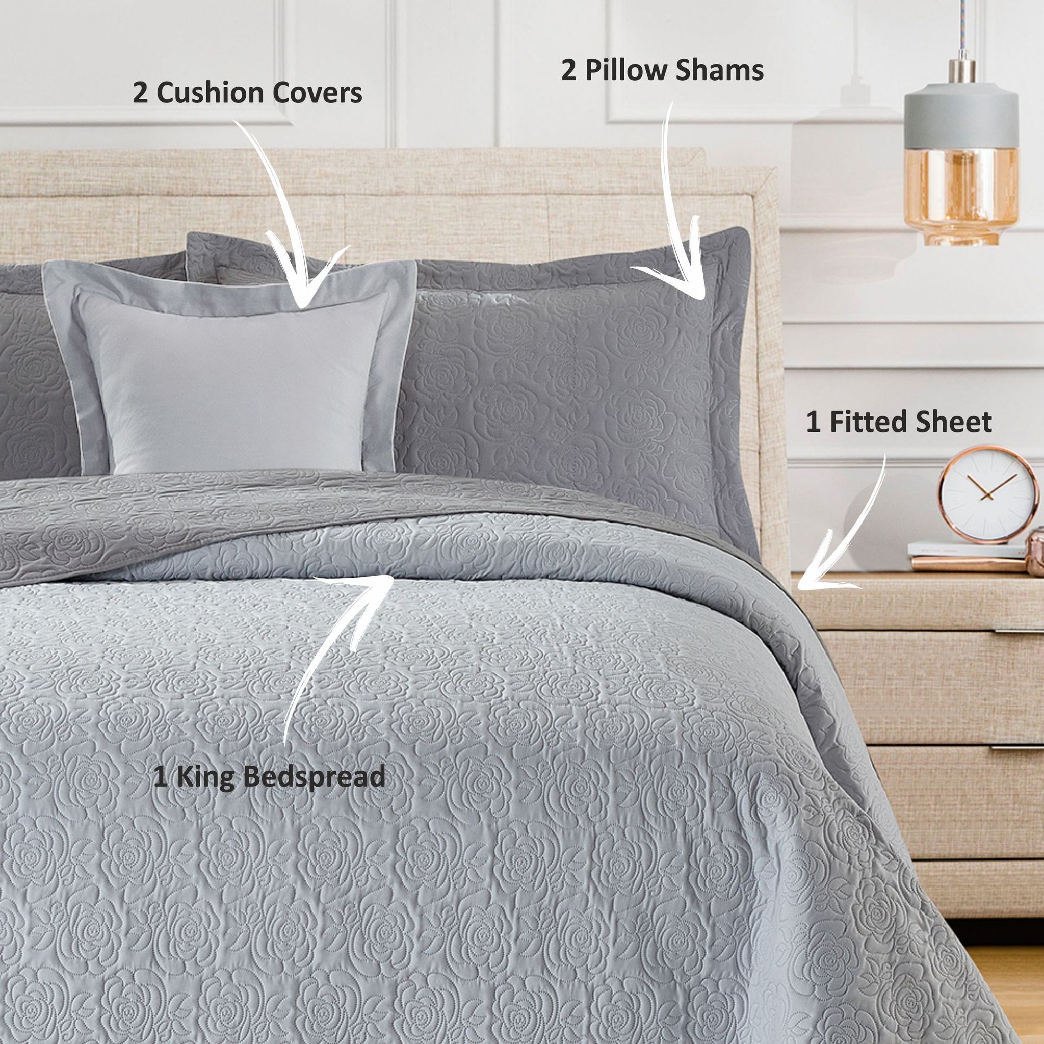 6-Piece Compressed Comforter Set Lightweight Bedspread For All Season - Microfiber Silver Grey - King Size 260x240 Cms